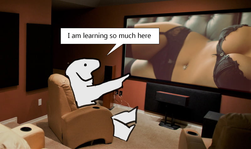 Cartoon man watching porn and saying 'I am learning so much here'.